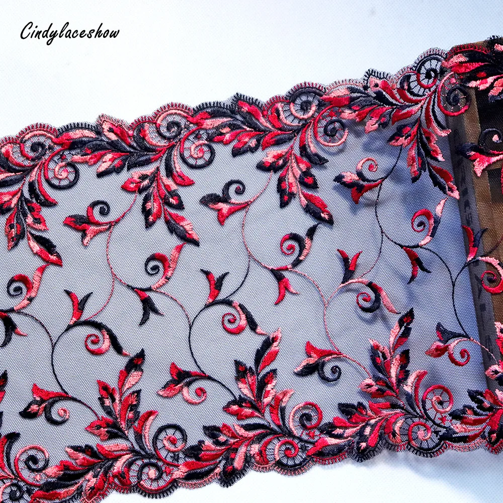 

1Meter 21.5cm wide Embroidered Lace Trim Black Tulle Clothes Accessories Guipure Red Flower Lace Trimmings Sewing Lace Appliques