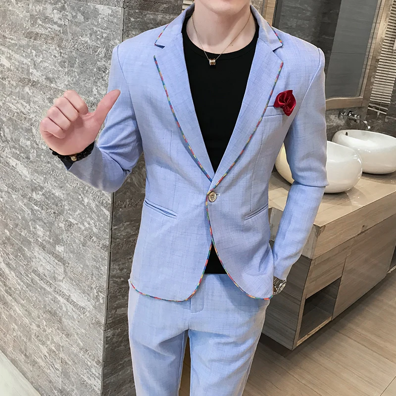 Весенний и осенний последний красочный край линии мужской костюм модный бутик youny Повседневный тонкий корейский стиль мужской костюм 2 шт - Цвет: Light blue