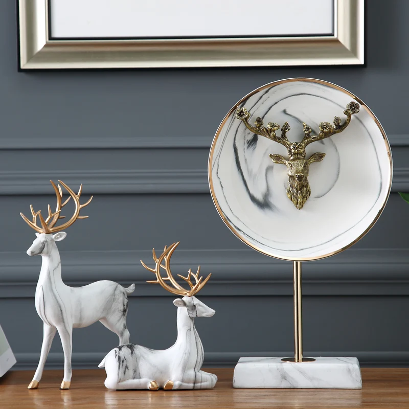 

Modern Marble Textured Elk With Marble Textured Decorative Plate Statue Home Crafts Room Decor Objects Office Resin Figurines