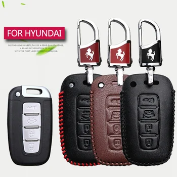 

Leather Car Key Case Fob Cover For Hyundai I40 I30 I10 Veloster IX20 25 IX35 Creta Tucson Solaris 2017 Key Chain Key Accessories