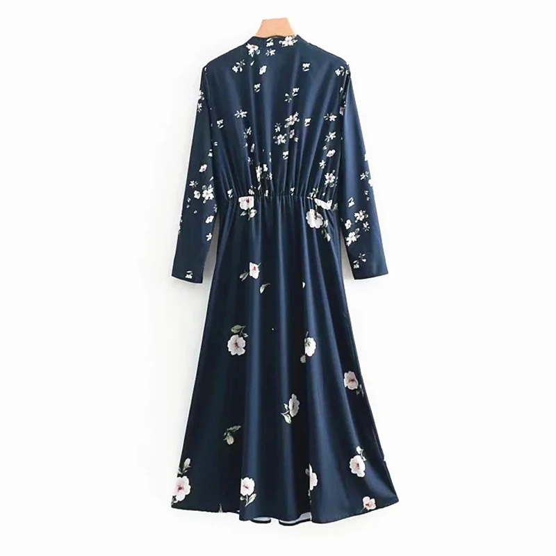 Summer Za Blue Office Woman Dress 2020 Long Sleeve Floral Maxi Dresses O-neck Pleated Gathered Waist Ladies Draped Dress Vintage