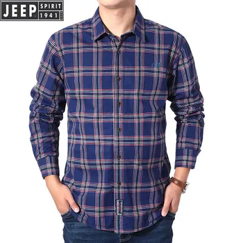 

JEEP SPIRIT Spring Plaid Shirt Men Smart Casual Long Sleeve Turn Down Collar Blusa Masculina Pure Cotton Autumn Mens Shirts
