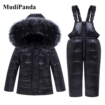 

MudiPanda -30 Degree Winter Kids Clothing Sets Fur Collar Down Coats Overalls Children Warm Snowsuit For Girls & Boys 1-5 Years
