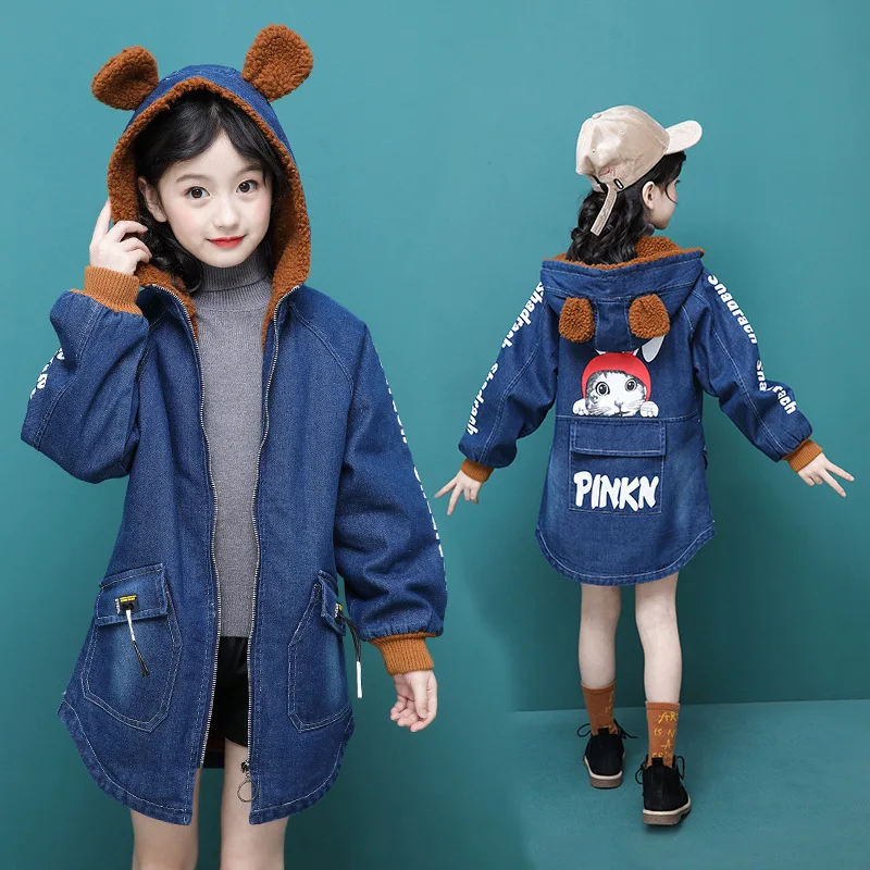 fleece thickening cute ear hooded girls denim jacket long kids jean coat warm winter spring fall children's clothing
