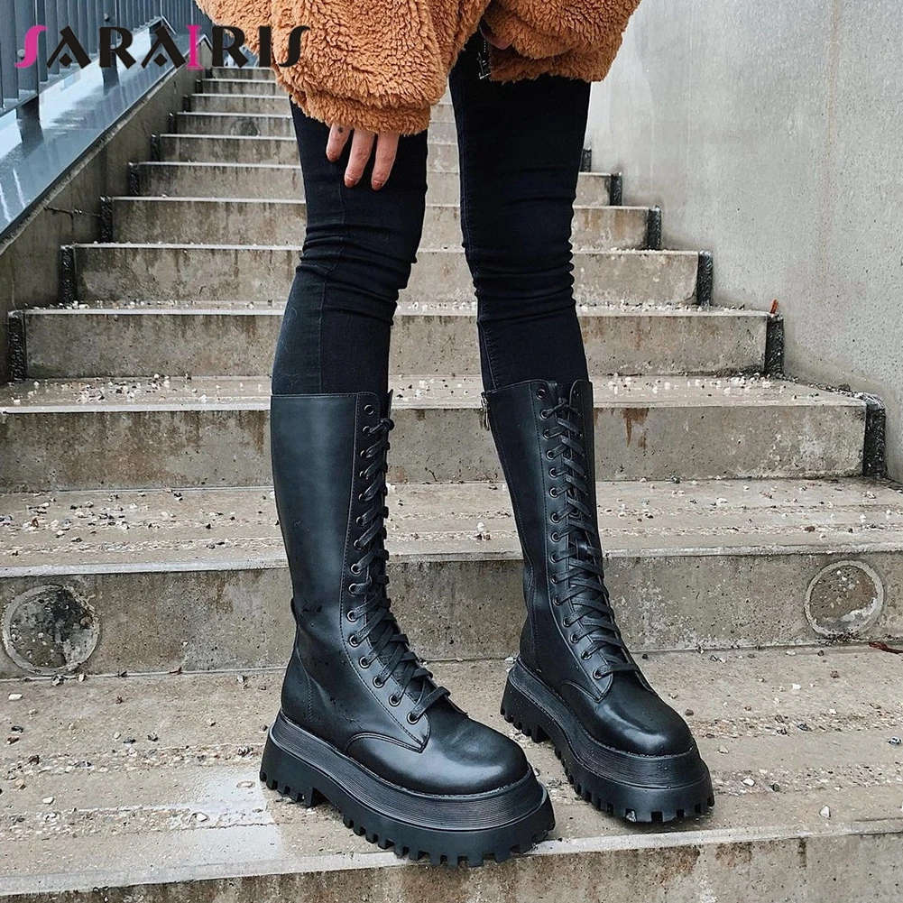 de media caña zapatos con plataforma plana y tacón grueso, a la moda, góticos, color negro, otoño|Botas a pantorrilla| - AliExpress