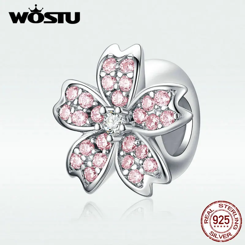 WOSTU, мода, Настоящее серебро, розовая Сакура, счастливый цветок, подвески, бусины, подходят к оригиналу, женский браслет, сделай сам, ювелирное изделие CQC1291