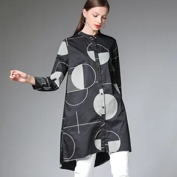 

Plus Size Loose Womens Shirt 2020 Spring New Stand Collar Single Breasted Stitching Dot Print Mid Length Irregular Hem Shirt