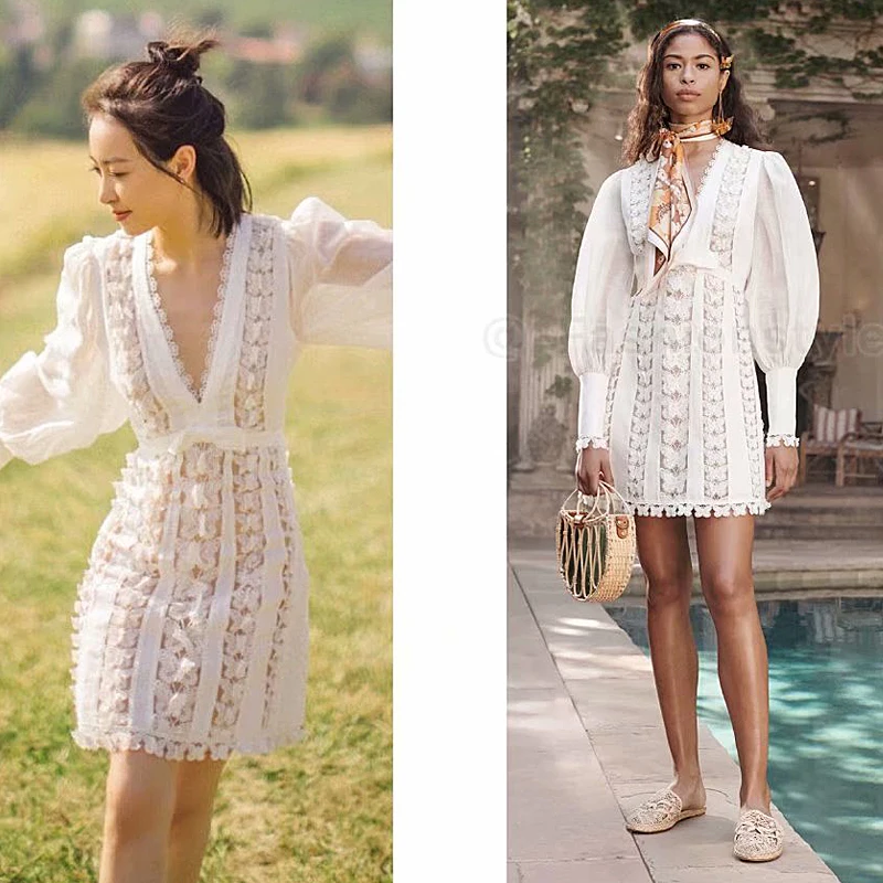 Mini Jurk Hoge Kwaliteit Lente Herfst Nieuwe Damesmode Work Party Casual Sexy V-hals Vintage Elegante Chic White Lace Jurken Mini Jurk Hoge Kwaliteit Lente Herfst Nieuwe Damesmode Work Party Casual Sexy V-hals Vintage Elegante Chic White Lace Jurken