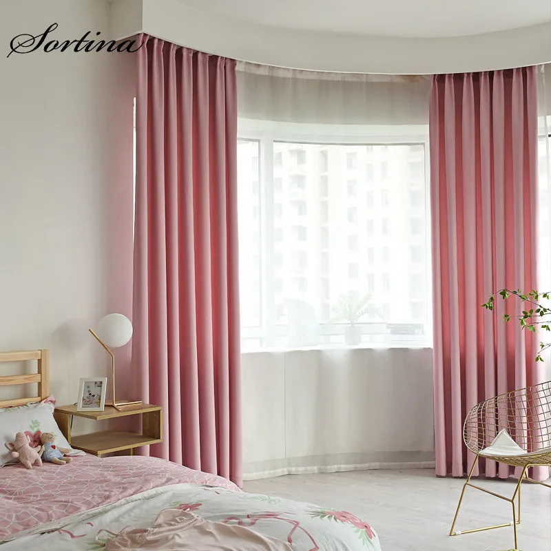 Pink-curtain Затемненные розовые занавески для гостиной, готовые занавески для гостиной, одноцветные занавески в римском стиле, короткие бархатные пеньковые занавески - Цвет: Pink-curtain