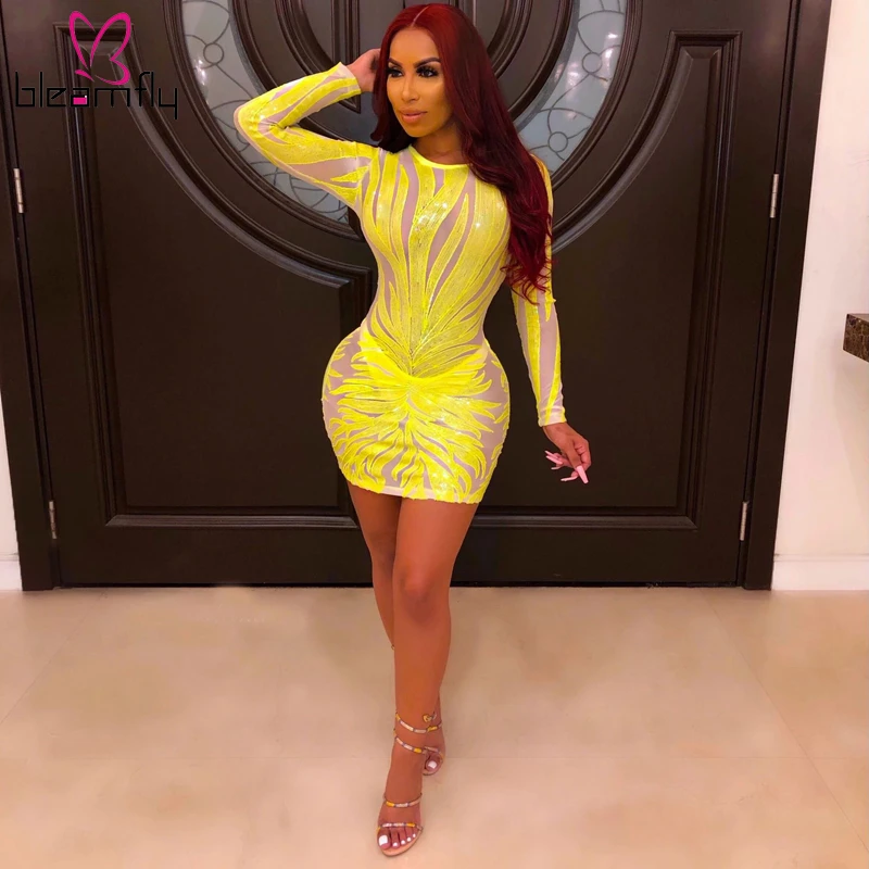 

2019 Autumn Women Leaf Sequined Splicing Mesh See Through Bodycon Mini Dress Female Club Night Party Dresses Skinny Vestidos