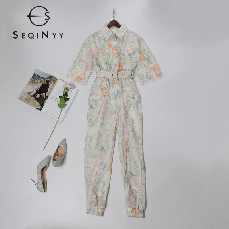 

SEQINYY Loose Jumpsuit 2020 Summer Spring New Fashion Design Women Short Sleeve Flowers Print Casual Midi Jumpsuit