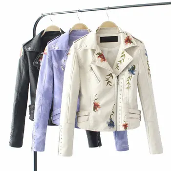

Embroidered Rivet Leather Female 2020 Spring New Short Slim Self-cultivation Motorcycle Jacket Wild Thin Embroidery Women's Coat