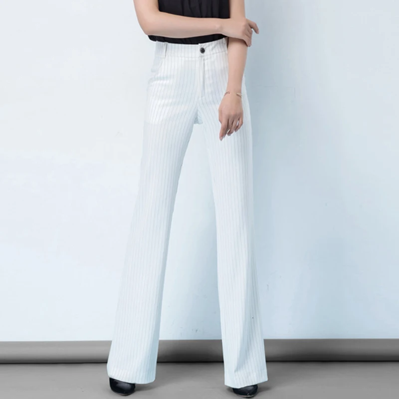 Весна лето новые женские модные белые хлопковые льняные прямые брюки в полоску женские черные расклешенные брюки большого размера - Цвет: Белый