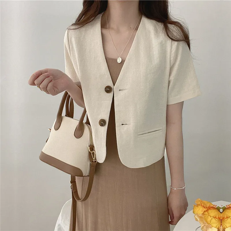 QOERLIN Cotton Linen Blazer Fresh Deep V-Neck Cotton Linen Casual Jacket Women 2021 Korean Two Buttons Short Sleeve Suit Jacket
