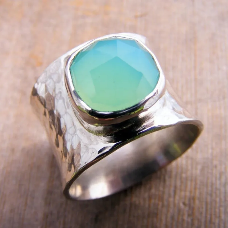 Wide Silver Color Aqua Chalcedony Gemstone Chunky Ring Band Ocean Beach Sea Turquoise Aquamarine Cocktail | Украшения и