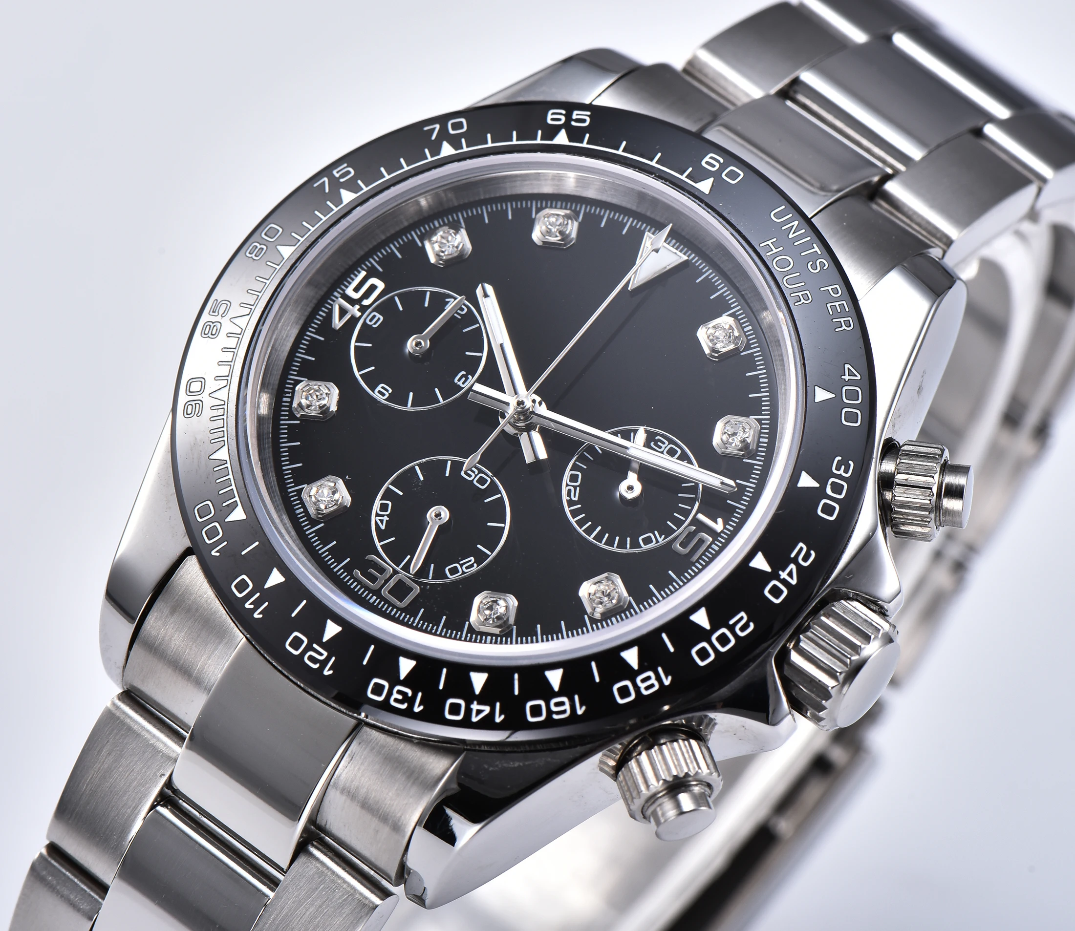 

Watch VK63 chronograph Japan quartz movement sterile shield 39MM sapphire crystal ceramic bezel steel case bracelet D11