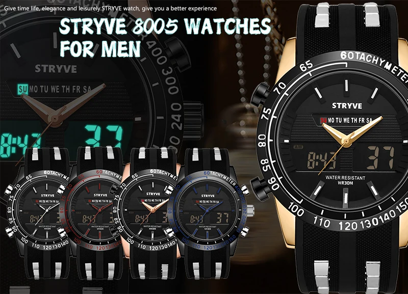 STRYVE Casual Watch Men Sport LED Digital Watch Waterproof Quartz Watches Men Luxury Brand Steel Band Relogio Masculino Clock