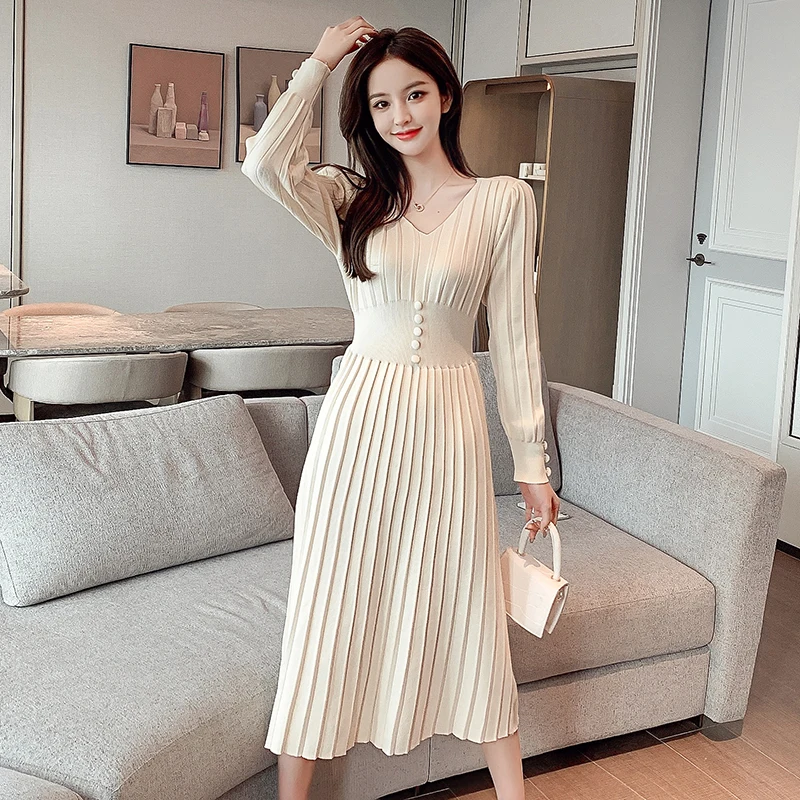 Autumn Winter V-Neck Knitted Dress Elegant Female Mid-Length Long-Sleeved Pleated Temperament