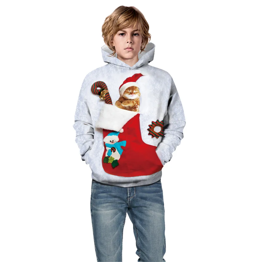 Зимний Детский Рождественский пуловер с объемным цифровым рисунком для мальчиков и девочек, толстовка с капюшоном, детская одежда, манто, куртка для детей