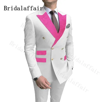 Bridalaffair Classic Burgundy Paisley Lapel Pockets Men Suits White Wedding Groom Suits Double Breasted Costume Homme 2 Piece 3
