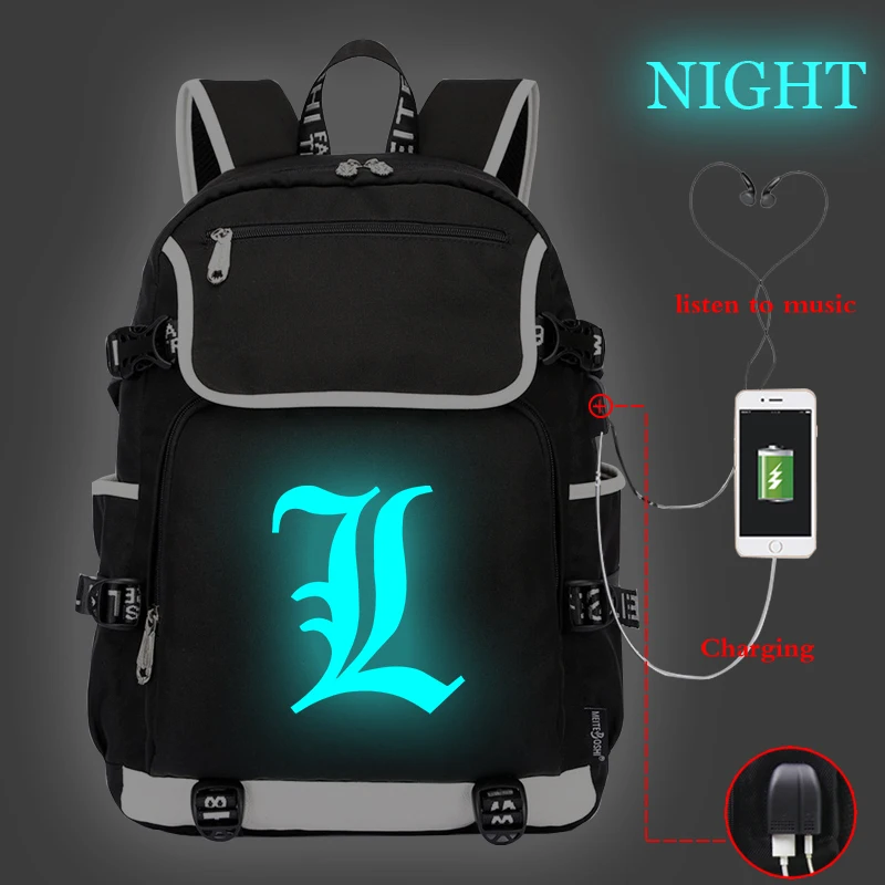2 luminous Рюкзак Mochila Dead Note, L светильник, женский рюкзак, USB зарядка, рюкзак для ноутбука, школьные сумки для подростков, девочек, мальчиков, дорожные сумки - Цвет: 2 luminous