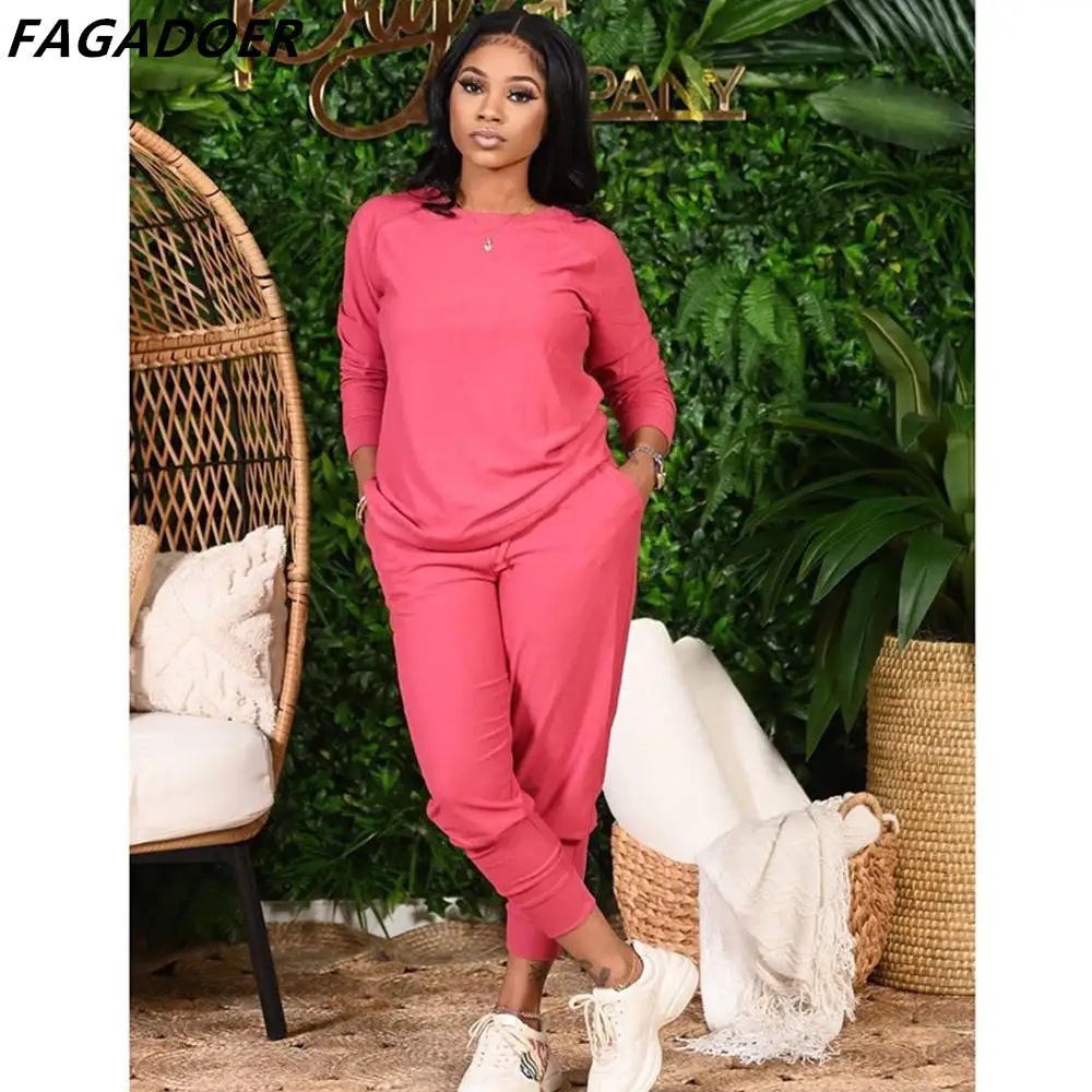 FAGADOER Solid Casual Sweatsuits For Women Long Sleeve Round Neck Pullover And Jogger Pants 2 Piece Set Female Sport Outfit 2021 [fila]men sweatsuits jogger pants