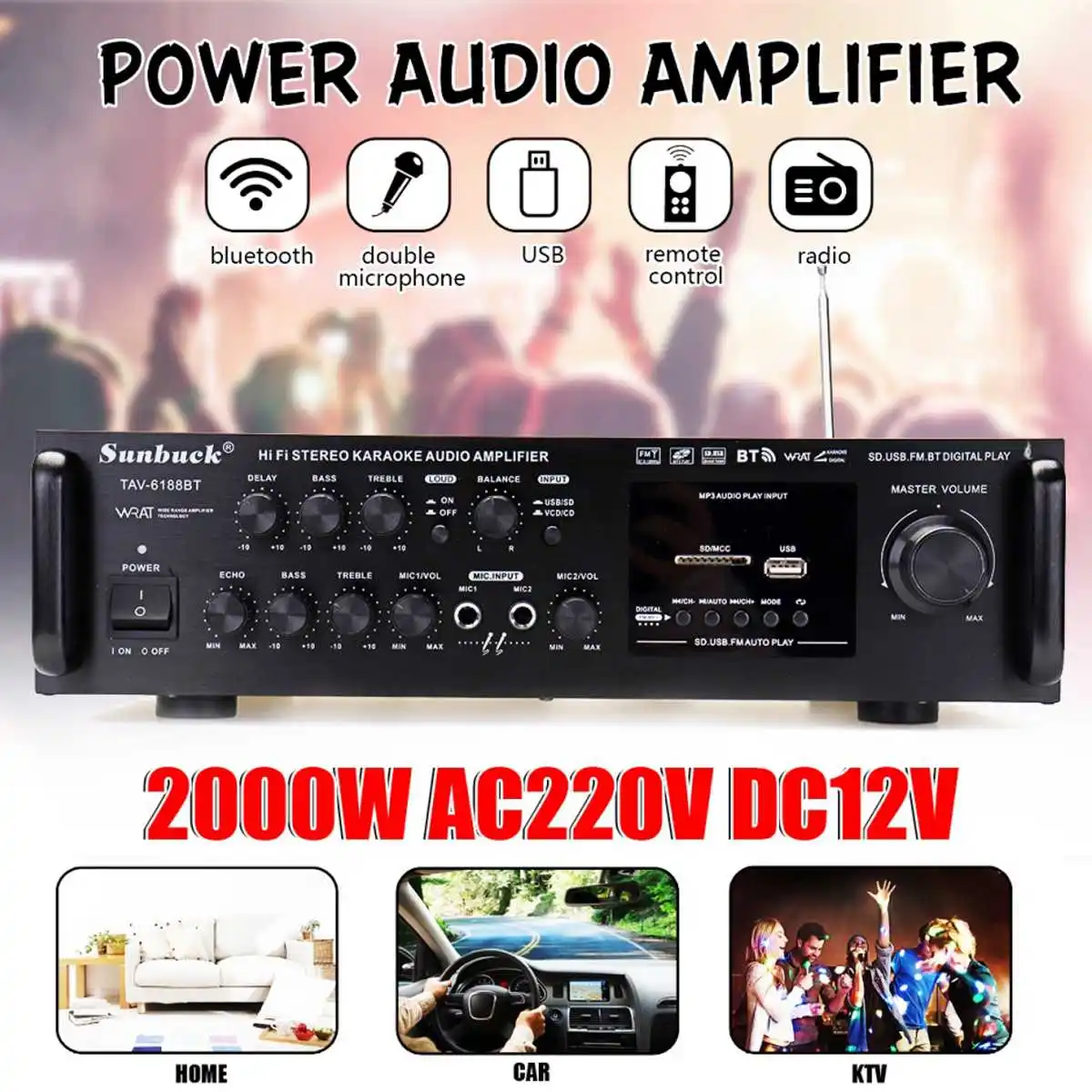 

2000W 2CH Home Stereo Power Amplifier Audio Karaoke Car Hi-Fi FM Amplifier US Plug With Remote Control For Car Home