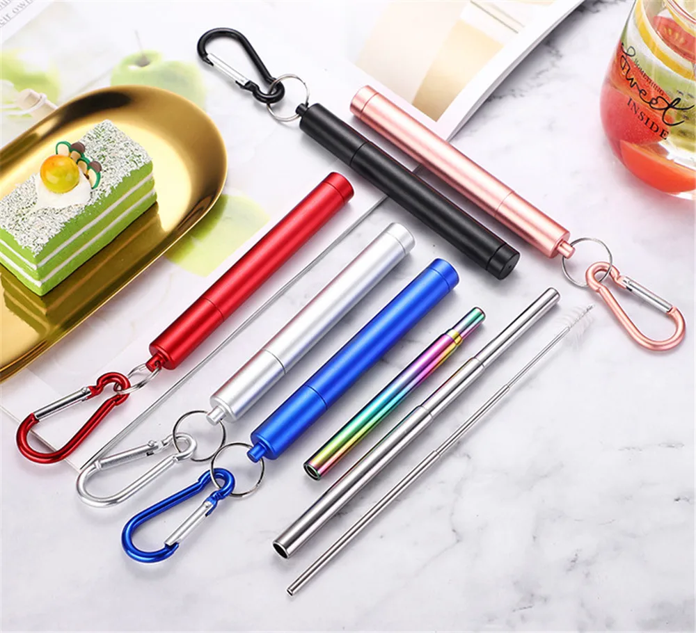 50pcs Foldable Straws Reusable Folding Drinking Straws Stainless Steel Metal Telescopic with Aluminum Case & Cleaning Brush