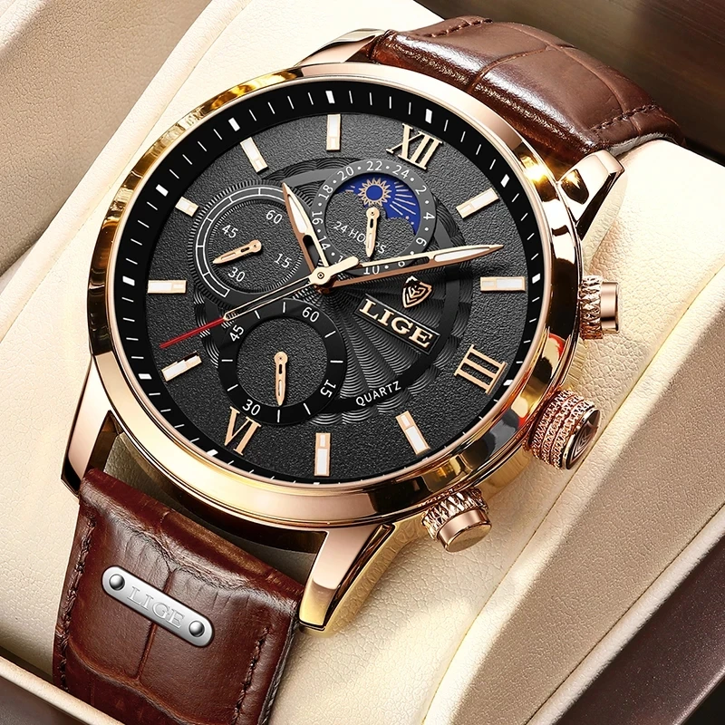 цена 2024 New Mens Watches LIGE Top Brand Luxury Leather Casual Quartz Watch Men's Sport Waterproof Clock Watch Relogio Masculino+Box