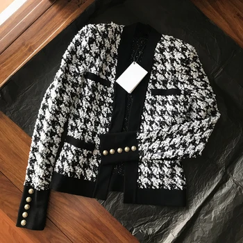 

Autumn Winter Clothes Women Elegant Short Metal Button Houndstooth Wool Coat Women Fashion Streetwear