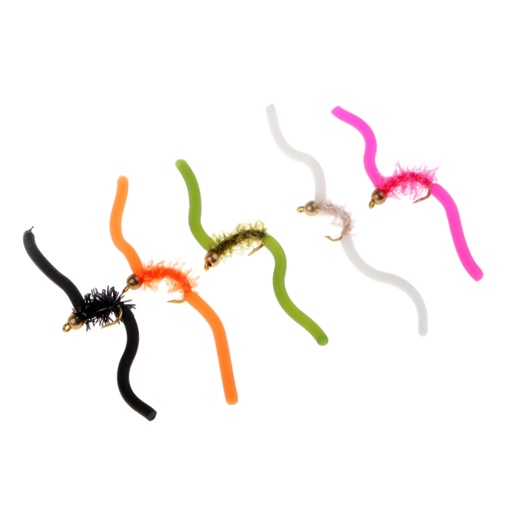 5pcs Beadhead Squirmy Wormy Wormie San Juan Worm Fly Fishing Flies 10 Colors