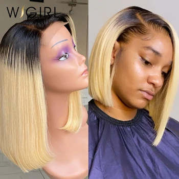 

Brazilian T1B/613 Blonde Straight Human Hair Short Bob Wigs Ombre Short Bob 4x4 Lace Closure Front Wigs for Black Women