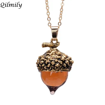

Qilmily Glass Crystal Acorn Oak Water Drop Pendant Necklace for Women Antique Bronze Alloy Pine Nuts Sweater Chain Jewelry Gift