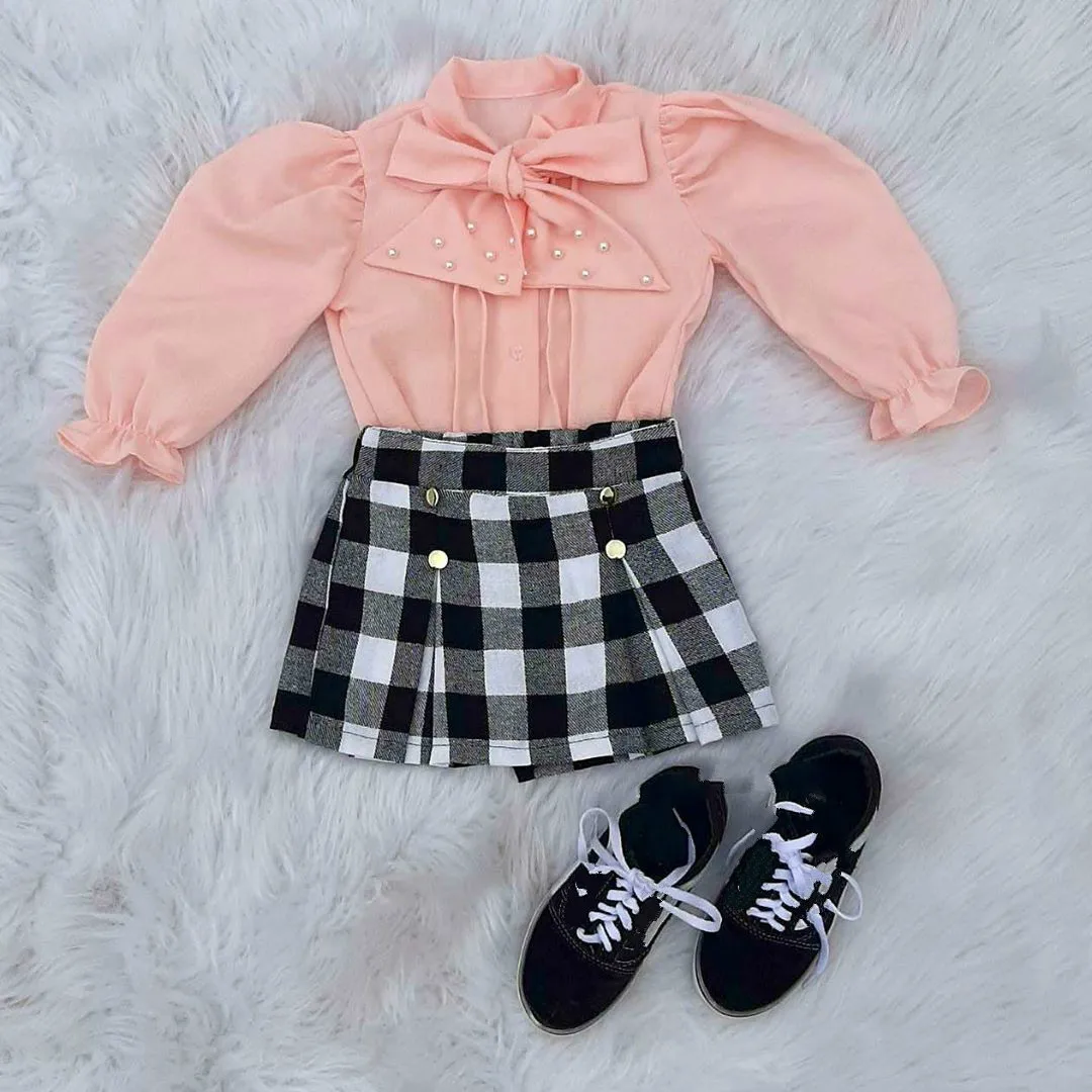 FOCUSNROM Fashion Girls Clothes Sets Long Puff Sleeve Solid Bow Shirts Blouse Tops Plaid A-Line Pleated Skirts | Детская одежда и
