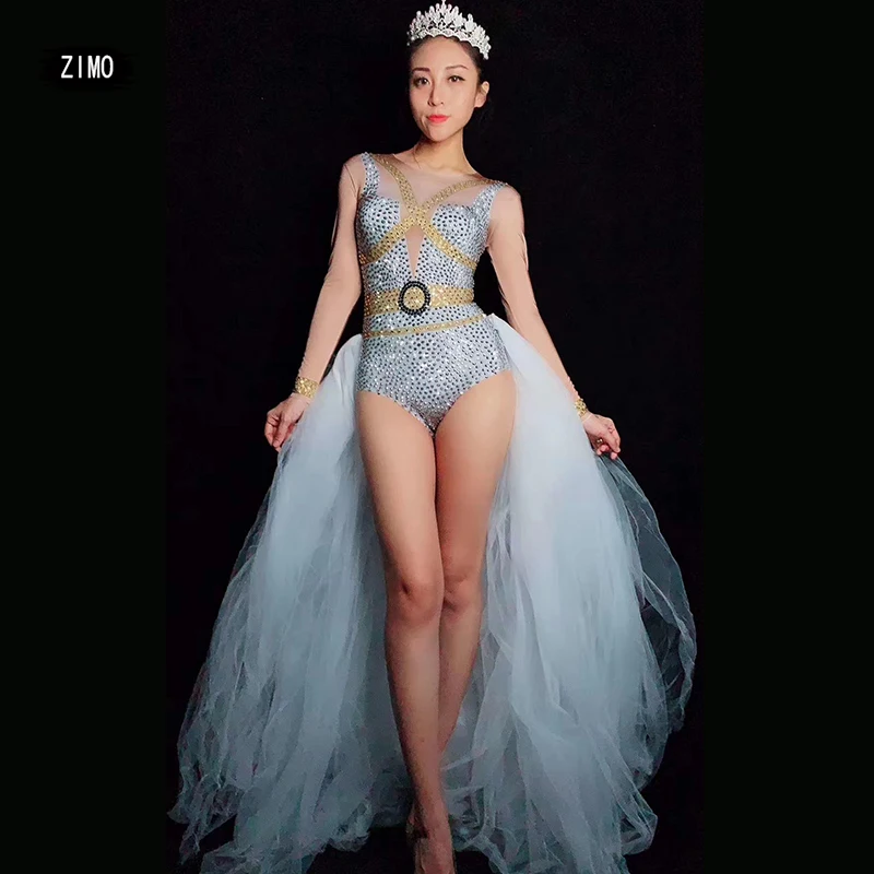 

drag queen Fashion Silver Rhinestone Bodysuit Women White Mesh drag Tail Birthday Party Outfit Singer Dance Costumes Stage rave