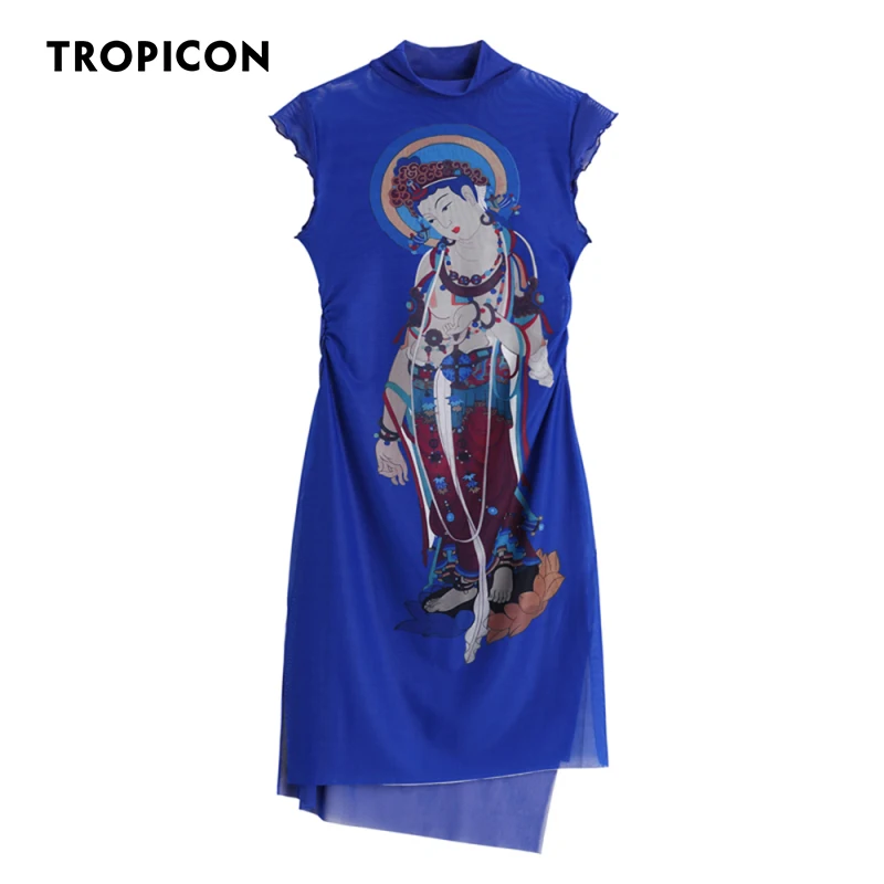 

Длинная сетчатая блузка с высоким воротником и принтом Будды TROPICON, женская синяя Летняя асимметричная блузка с коротким рукавом, 2020