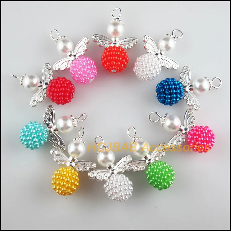 

10 New Angel Charms Silver Plated Mixed Acrylic Waxberry Ball Pendants 21x32mm