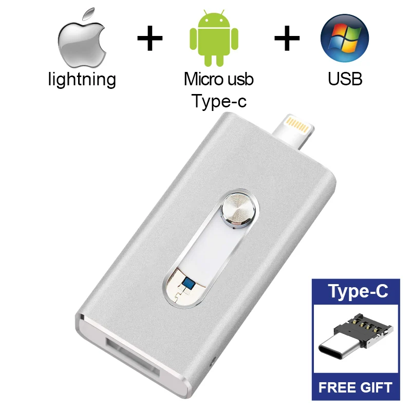 IOS Cle Usb флэш-накопитель для iPhone/iPad/Android телефон для iPhone5/5S/6/7/8 флэш диск на ключ USB 3,0 Stick подарок Тип-c адаптер - Цвет: Silver Type-c