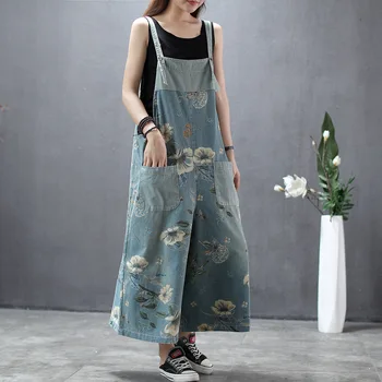 

Women Jeans Cropped Pants Overalls Jumpsuits Hand Painted Poled Distressed Casual Loose Fit Printed Denim Overall Loose pantS072