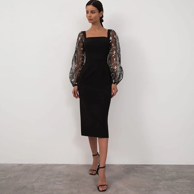 Ball Black Dress For Women Lace Translucent Sleeve See Through Patchwork Tunics Female Elegant Prom Party Formal Attire