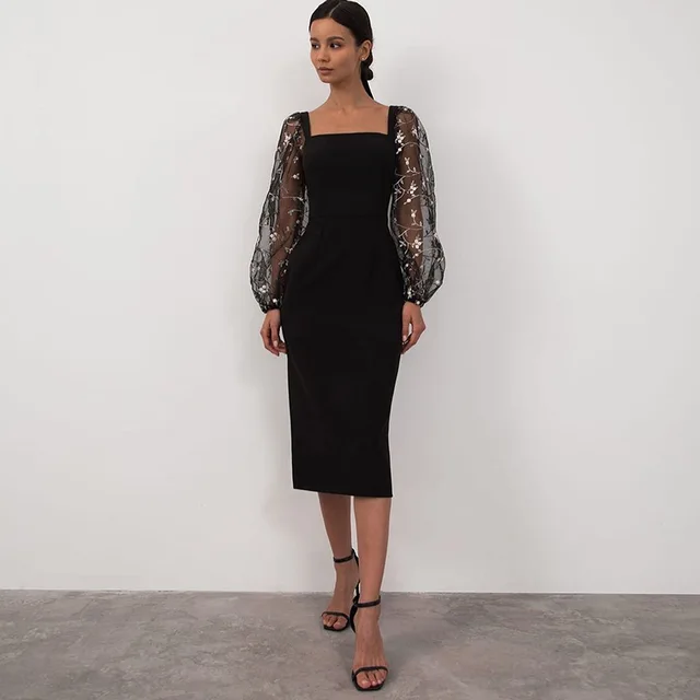 Ball Black Dress For Women Lace Translucent Sleeve See Through Patchwork Tunics Female Elegant Prom Party Formal Attire Black