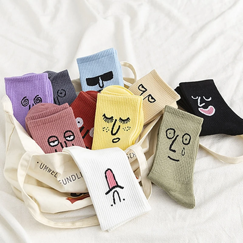Autumn New All Cotton Korean Version Women's Stockings Funny Expression Jacquard Personality Trend Middle Tube Men's Stockings
