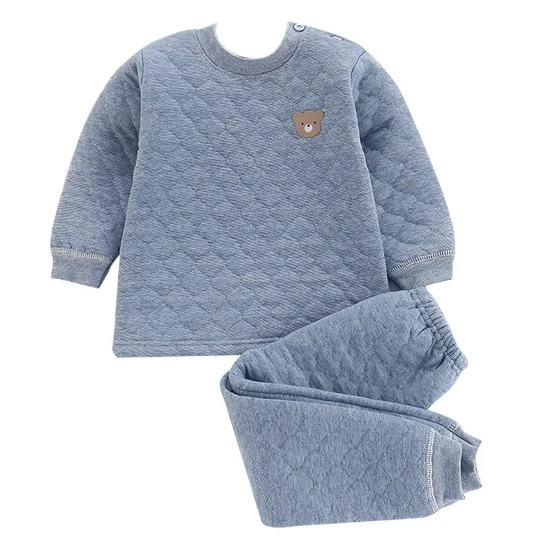 Одежда для маленьких мальчиков; пижамный комплект для малышей с рисунком медведя из мультфильма; плотный теплый повседневный трехслойный комплект термобелья