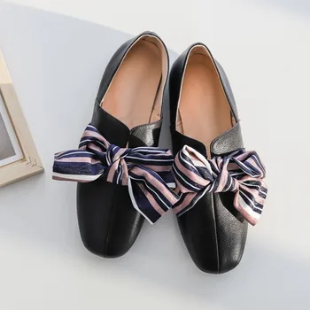

kmeioo cowskin shoes woman spring square toe flats bow-tie loafers comfortable flat shoes genuine leather shoes