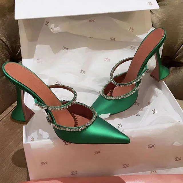Blue Green Women Pumps Silk Satin Pointed Toe Rhinestoe Strange Heels Women  Shoes Slip On Mules Fashoin Slipper Sandal Big Size - AliExpress