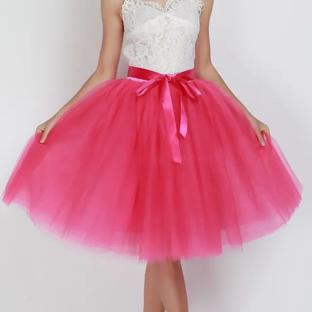 6Layers 65cm Fashion Tulle Skirt Pleated Tutu Skirts Women Lolita Petticoat Bridesmaids Sweet Party Midi Skirt Mini Skirt Dress rose red