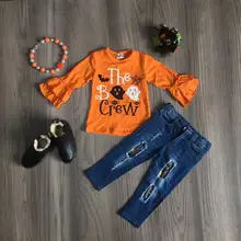 Новая осенне-зимняя одежда на Хэллоуин, джинсы для маленьких девочек, детская одежда, Изысканная одежда с тыквой, комплект с бантом и necklace ем