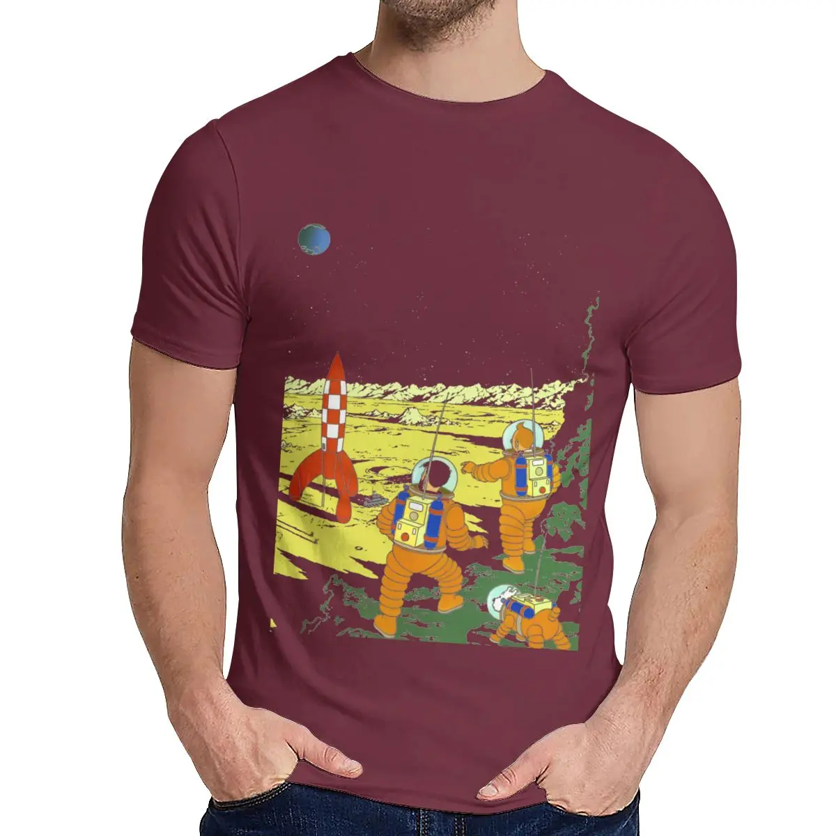 Летняя мужская футболка Tintin Adventurers On The Moon Slim Новое поступление футболка с круглым вырезом в стиле хип-хоп - Цвет: Бургундия