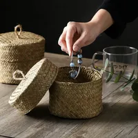 Handmade Storage Basket Cachepot For Flowers Weaving Woven Rattan Storage Container Box Basket Natural Snack Storage Round Box 2