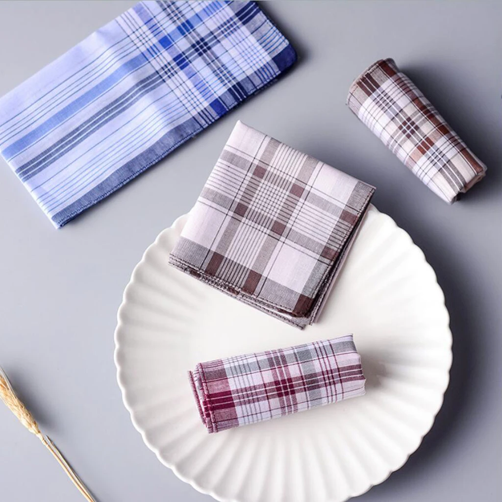 10pcs Men Handkerchiefs 100% Cotton with Stripe Hankies Gift Set Classic Plaid Handkerchief Pocket Hanky